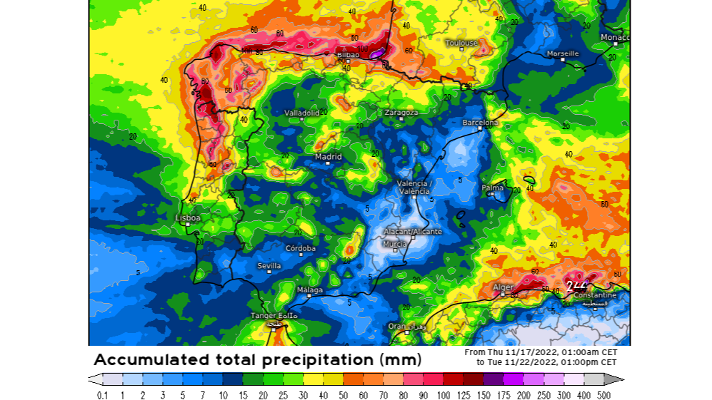 Precipitación prevista hasta el martes 22 por un temporal atlántico