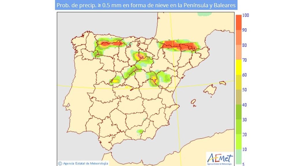 Prob. de precip. ≥ 0.5 mm en forma de nieve en la Península y Baleares