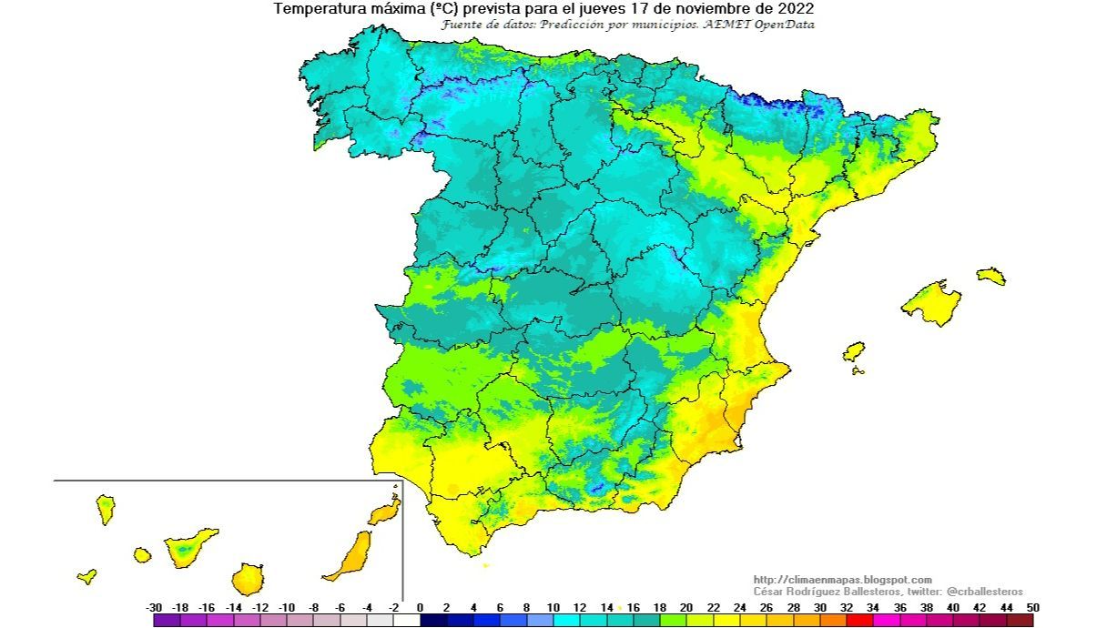 Temperaturas máximas previstas para el jueves 17
