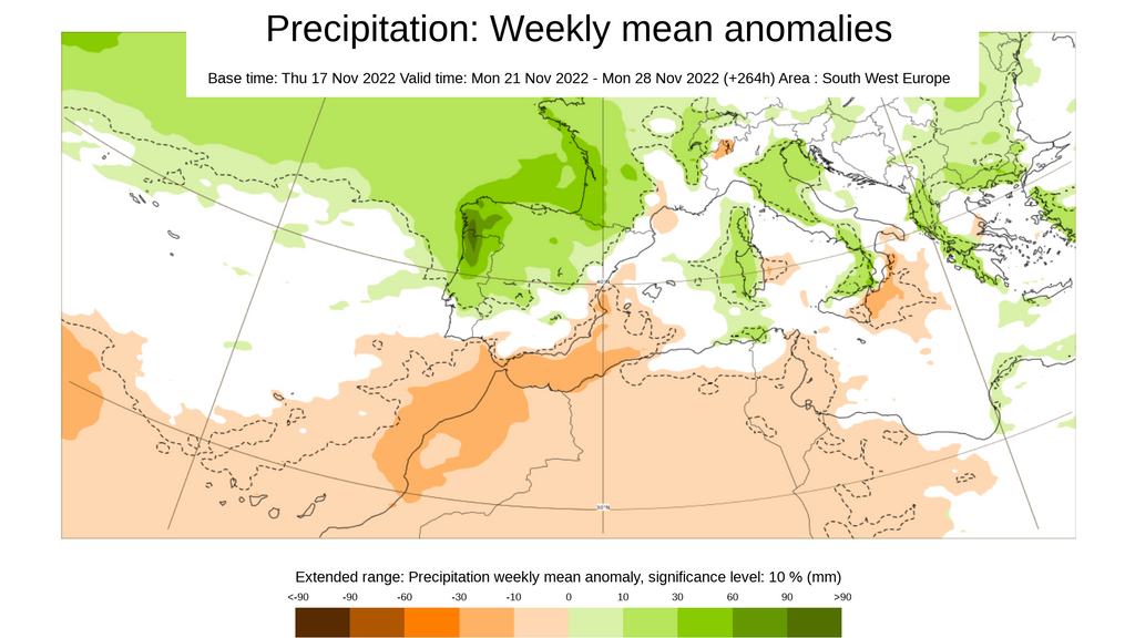 Anomalía de la precipitación prevista para la próxima semana