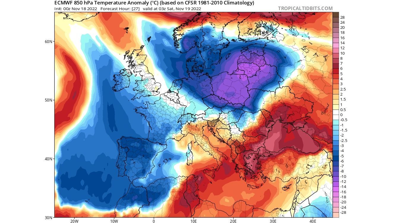 Anomalía de la temperatura a 850 hPa