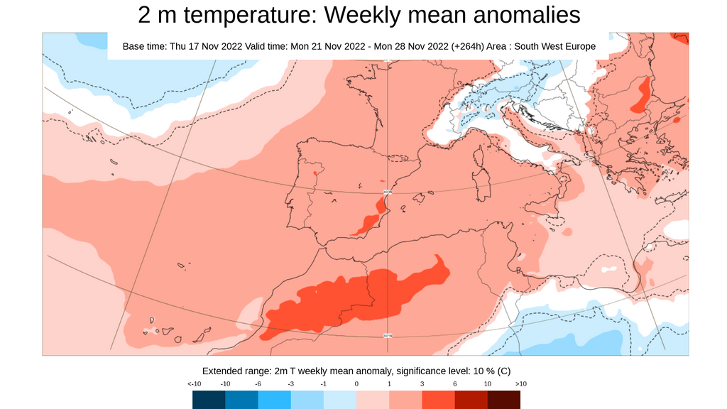 Anomalía de la temperatura prevista para la semana que viene