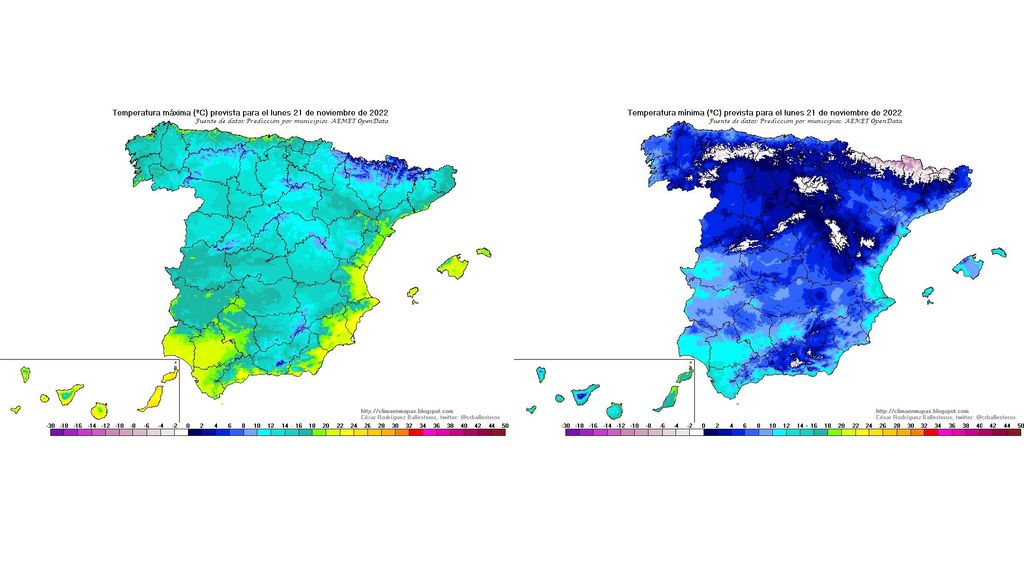 Temperaturas máximas y mínimas previstas para el lunes 21