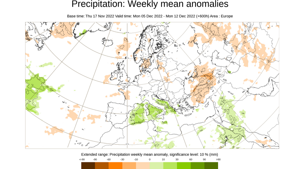Anomalía de la precipitación media prevista para la semana del 5 al 11 de dic