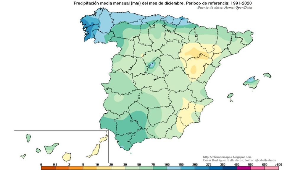 Precipitación media mensual en diciembre (1991-2020)