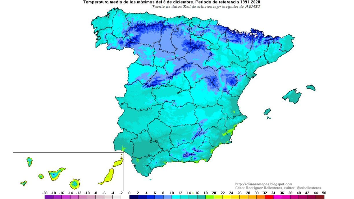 Temperatura media de las máximas el día 8 de diciembre (1991-2020)