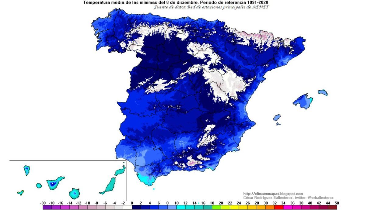 Temperatura media de las mínimas el día 8 de diciembre (1991-2020)