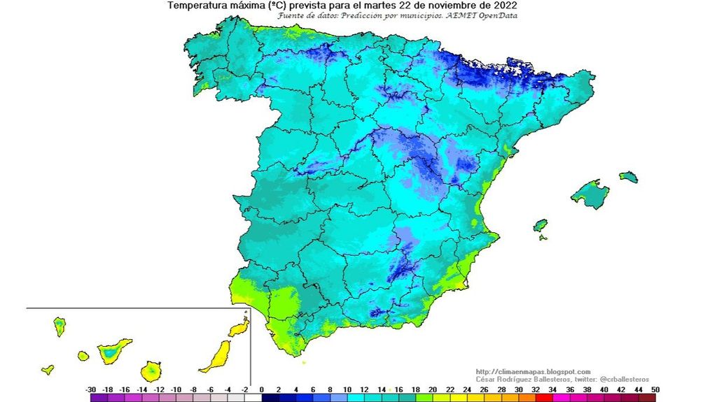 Temperaturas máximas previstas para el martes 22