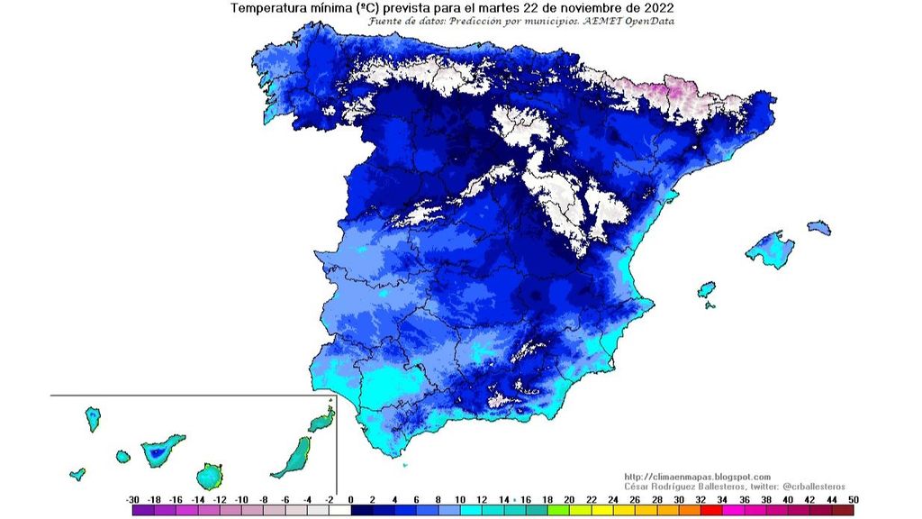 Temperaturas mínimas previstas para el martes 22