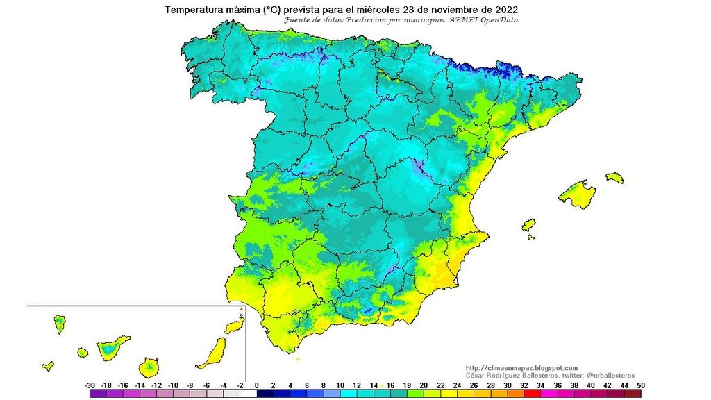 Temperaturas máximas previstas para el miércoles 23