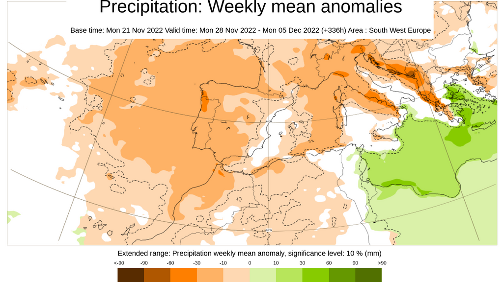 Anomalía de la precipitación prevista para la semana del 28 nov al 4 dic