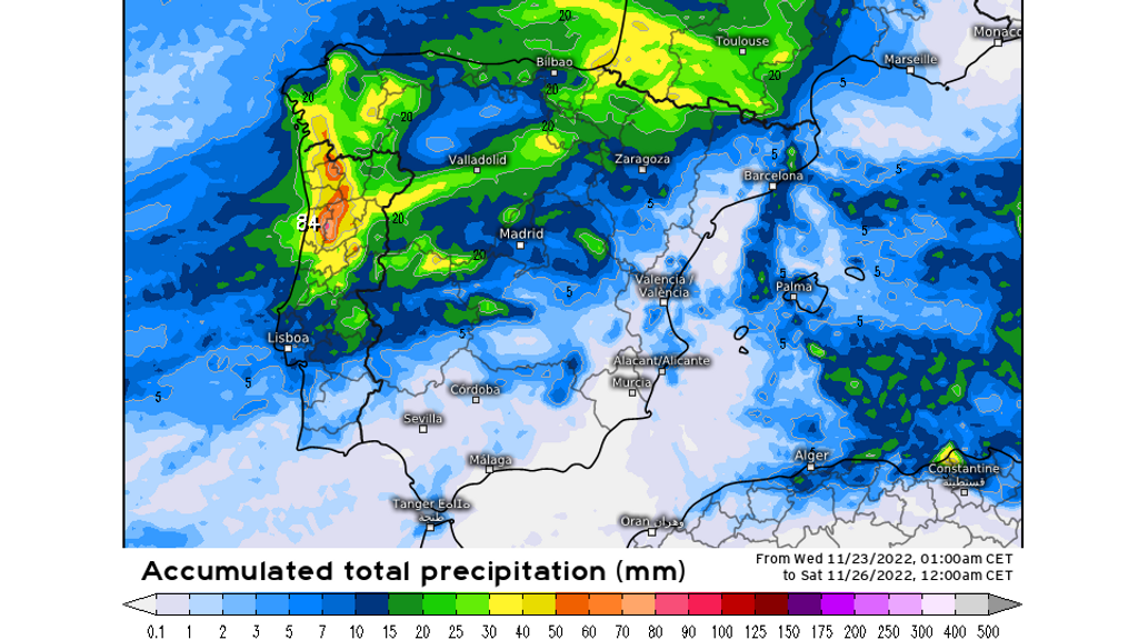 Precipitación prevista hasta la madrugada del sábado 26