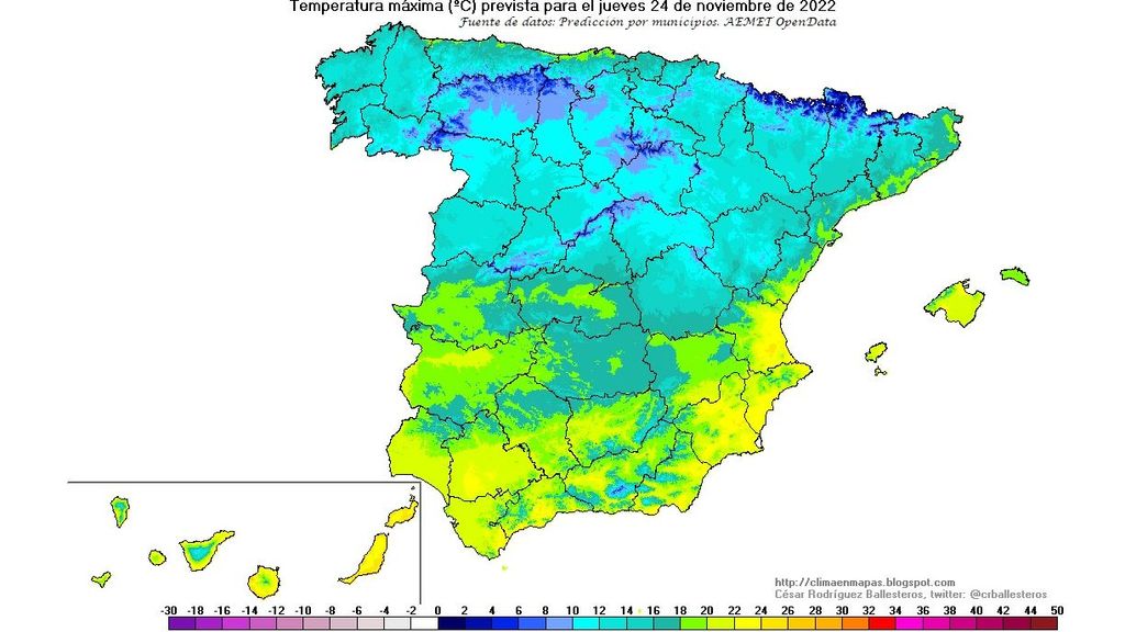 Temperaturas máximas previstas para el jueves 24