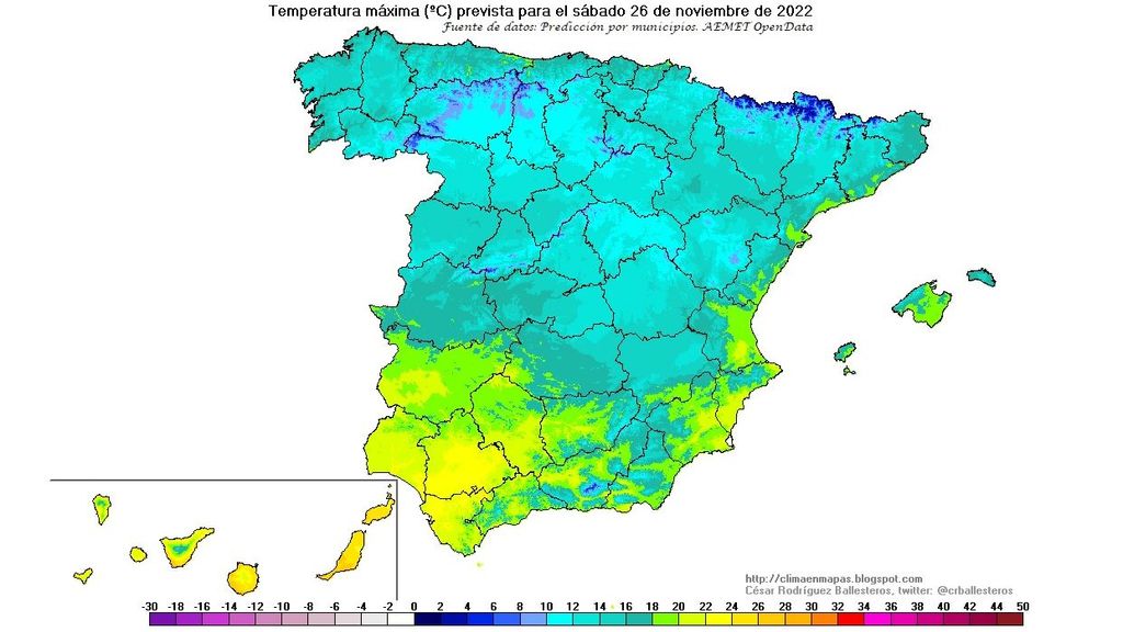 Temperaturas máximas previstas para el sábado 26