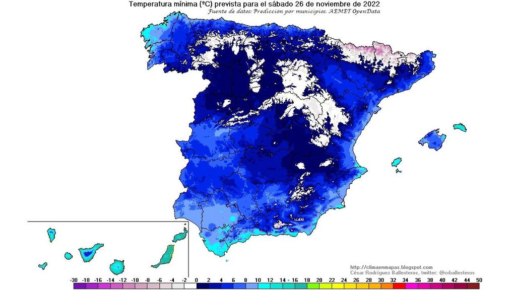 Temperaturas mínimas previstas para el sábado 26