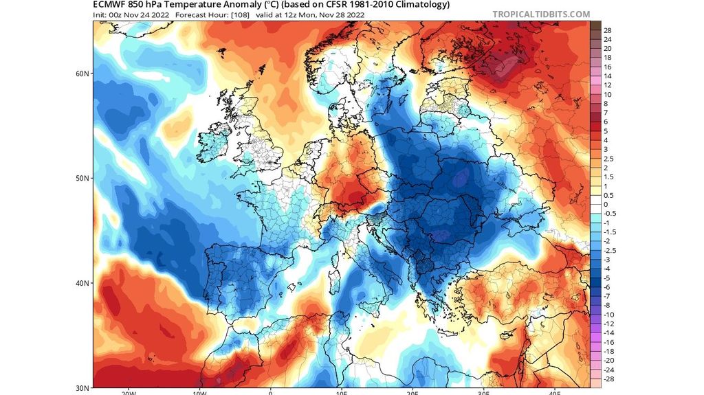 Anomalía de la temperatura a 850 hPa prevista para el lunes 28