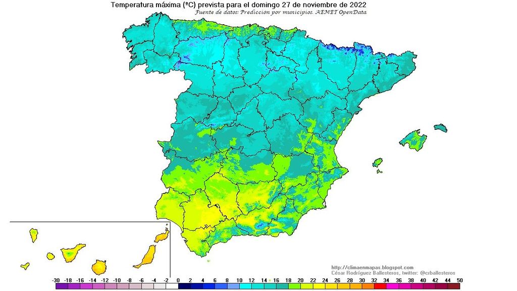 Temperaturas máximas previstas para el domingo 27