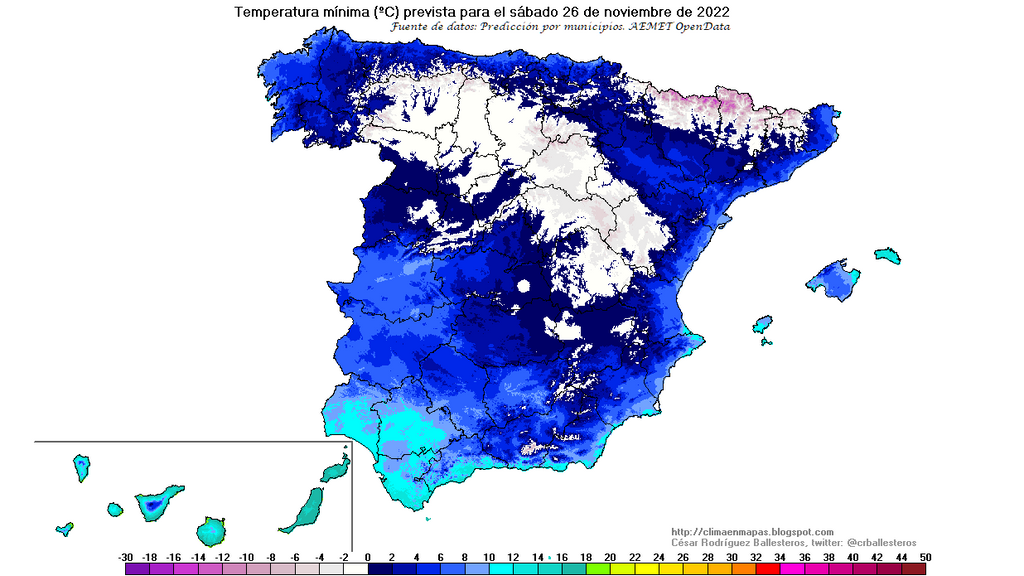 Temperaturas mínimas previstas para el sábado 26