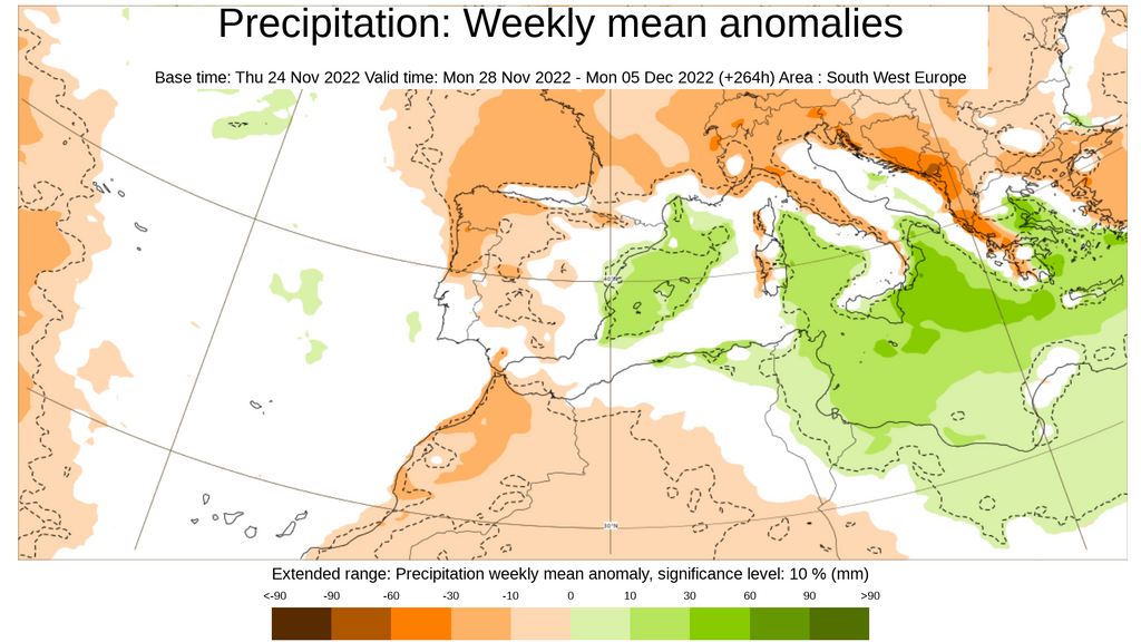 Anomalía de la precipitación prevista la semana del 28 nov al 4 dic