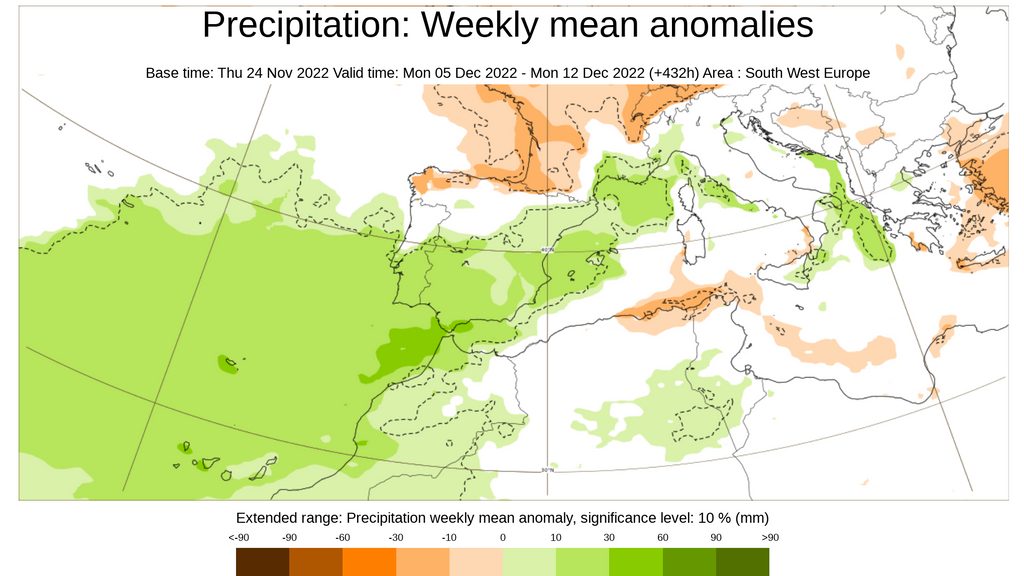 Anomalía de la precipitación prevista la semana del 5 al 11 de dic