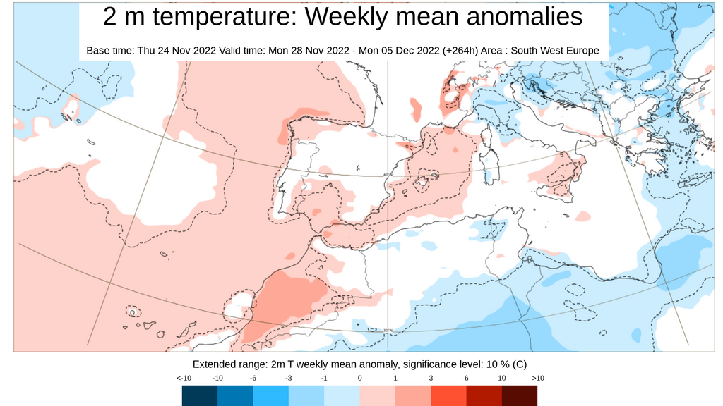 Anomalía de la temperatura prevista para la semana del 28 nov al 4 dic