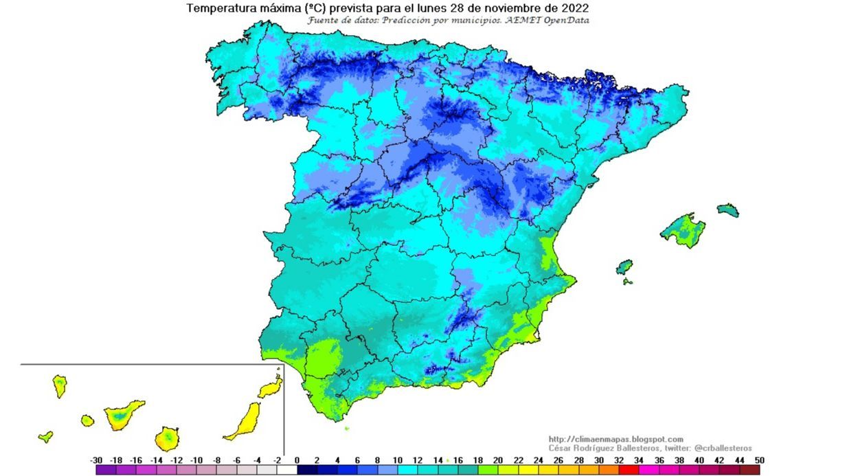 Temperaturas máximas previstas para el lunes 28