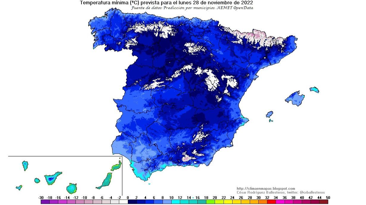 Temperaturas mínimas previstas para el lunes 28