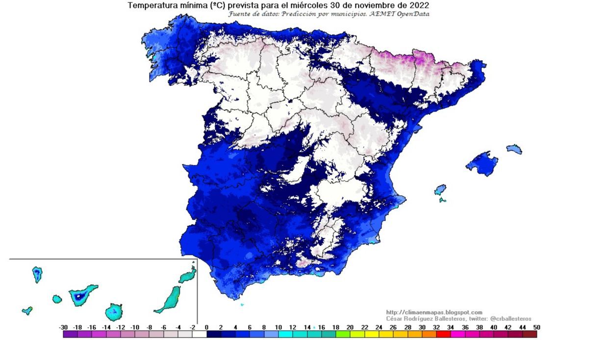 Temperaturas mínimas previstas para el miércoles 30
