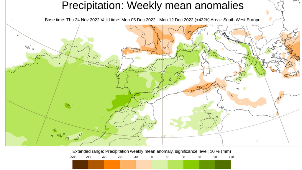 Anomalía de la precipitación media prevista para la semana del 5 al 11 de dic