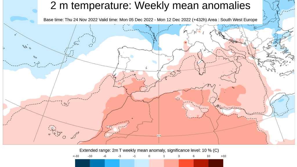 Anomalía de la temperatura media prevista para la semana del 5 al 11 de dic
