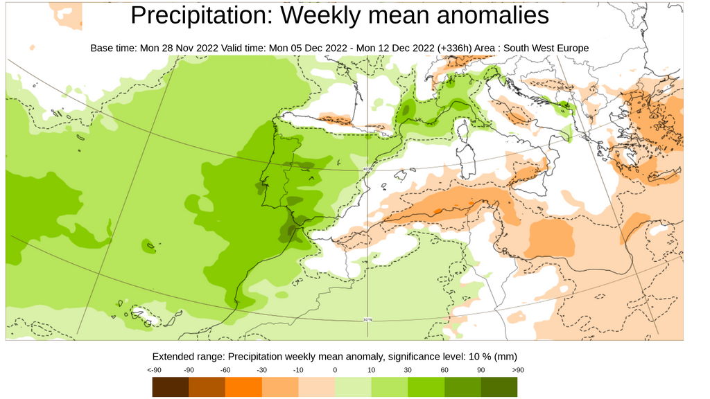 Anomalía de la precipitación prevista la semana del 5 al 11 de dic