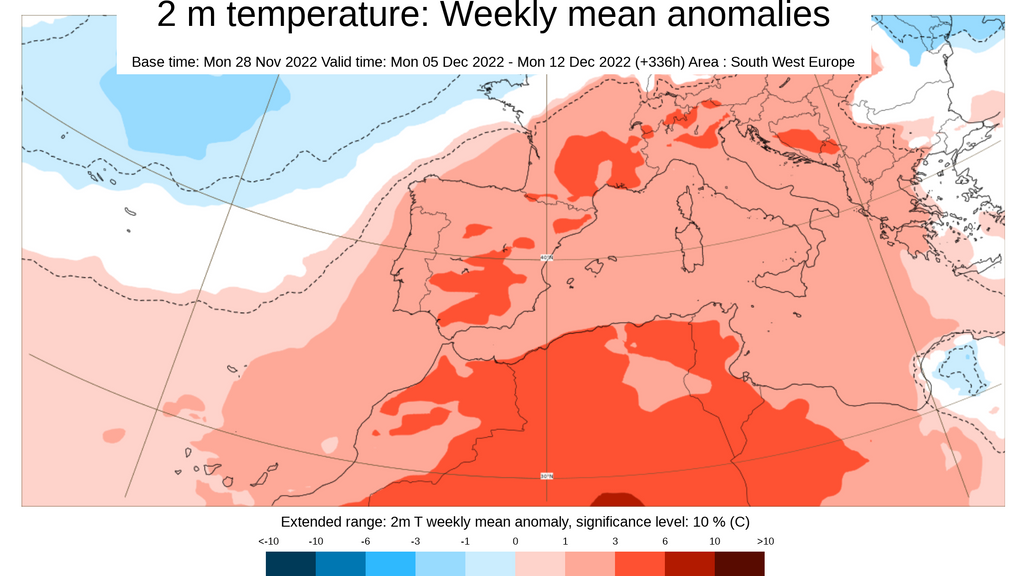 Anomalía de la temperatura prevista para la semana del 5 al 11 de diciembre