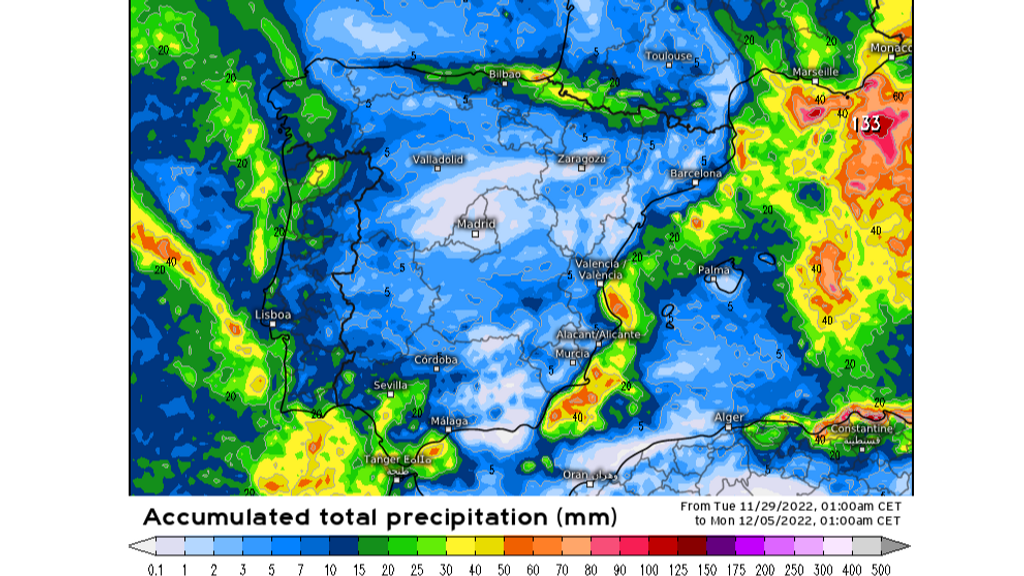 Precipitación prevista para el resto de la semana, hasta la madrugada del lunes 5