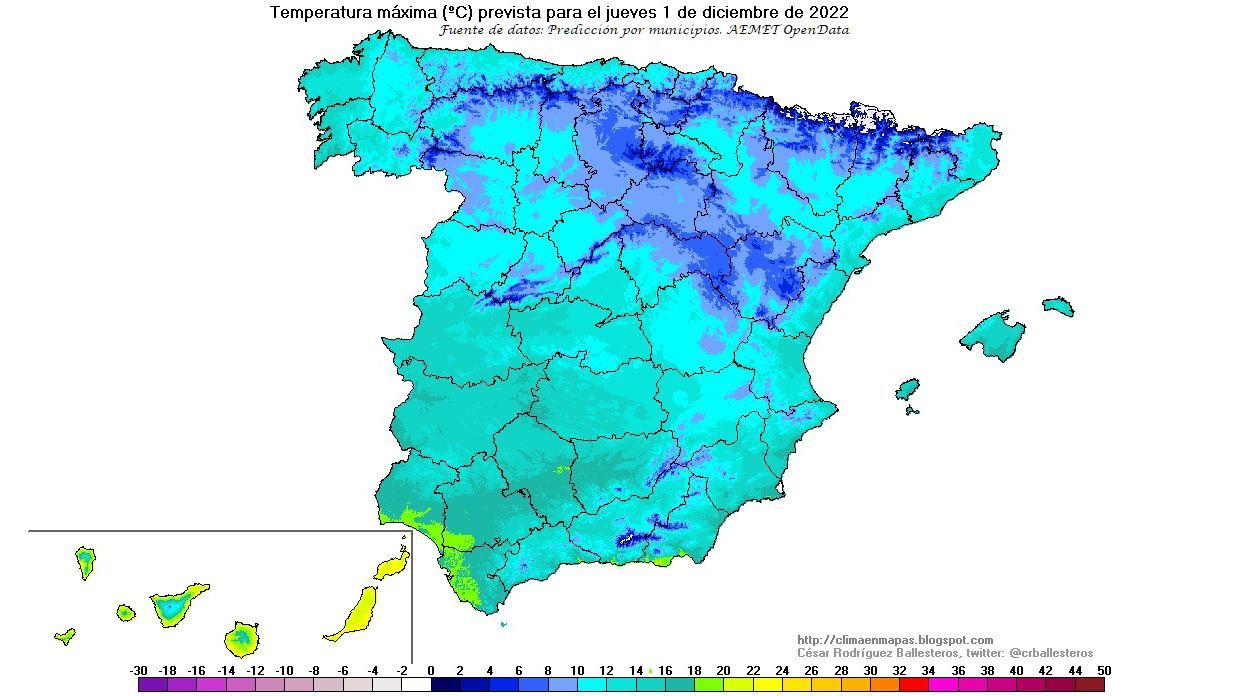 Temperaturas máximas previstas para el jueves 1