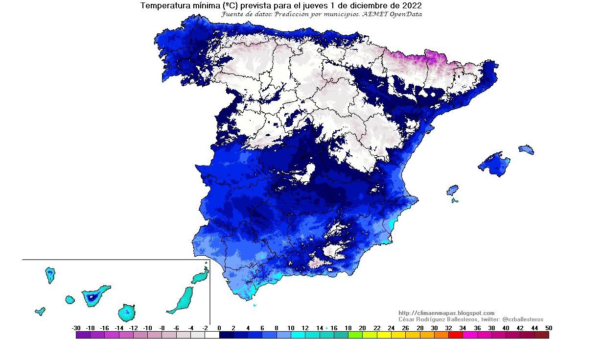Temperaturas mínimas previstas para el jueves 1