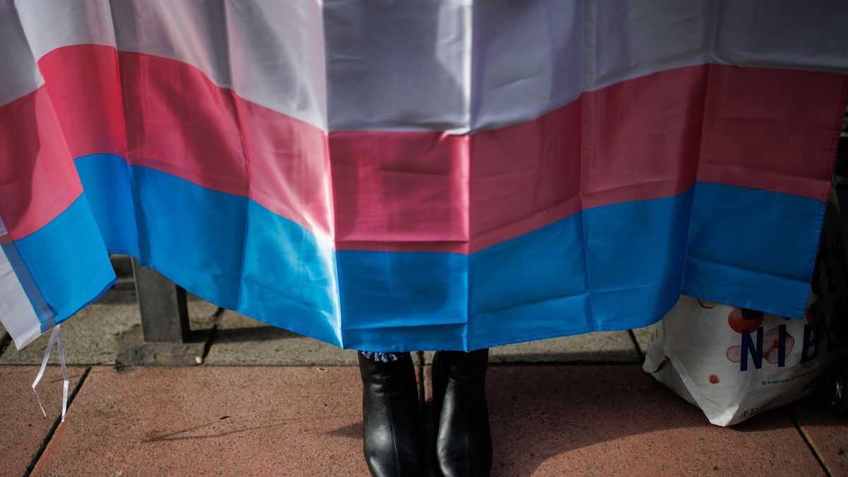 Los zapatos de una mujer debajo de una bandera trans.