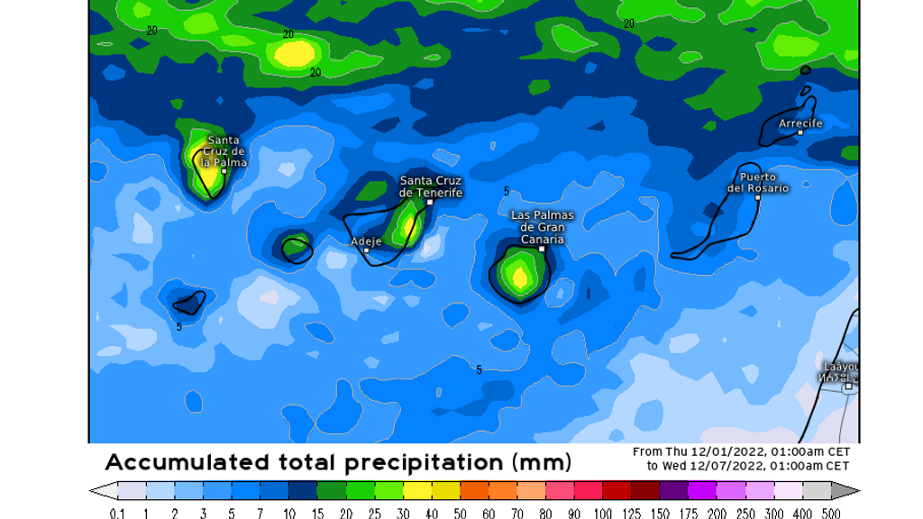 Precipitación prevista en Canarias hasta el martes 6