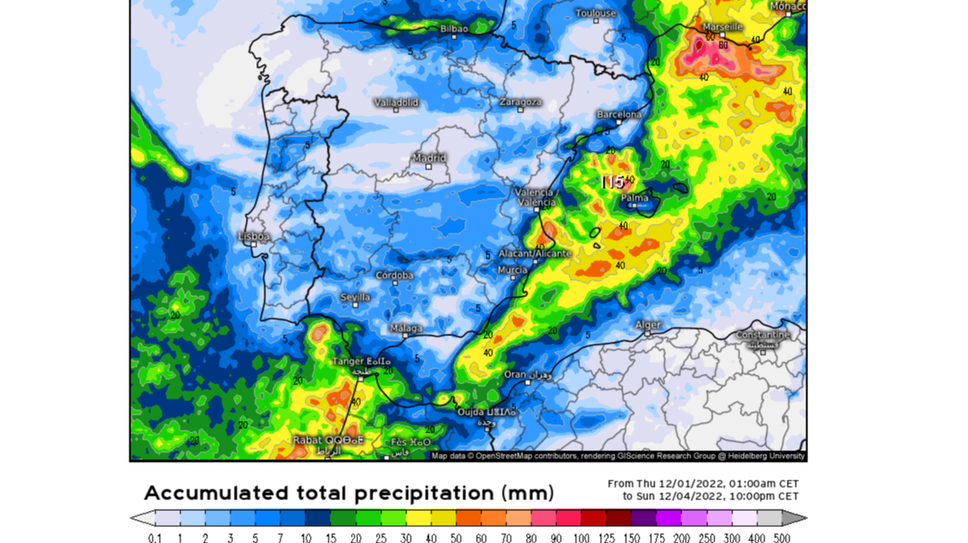 Precipitación prevista hasta el domingo 4