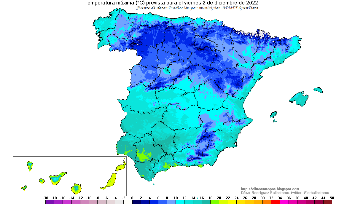Temperaturas máximas previstas para el viernes 2 dic