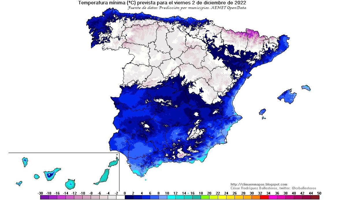 Temperaturas mínimas previstas para el viernes 2 dic