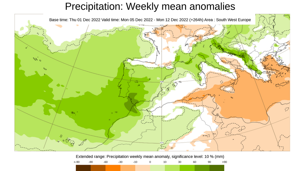 Anomalía de la precipitación prevista para la semana del 5 al 11 de dic