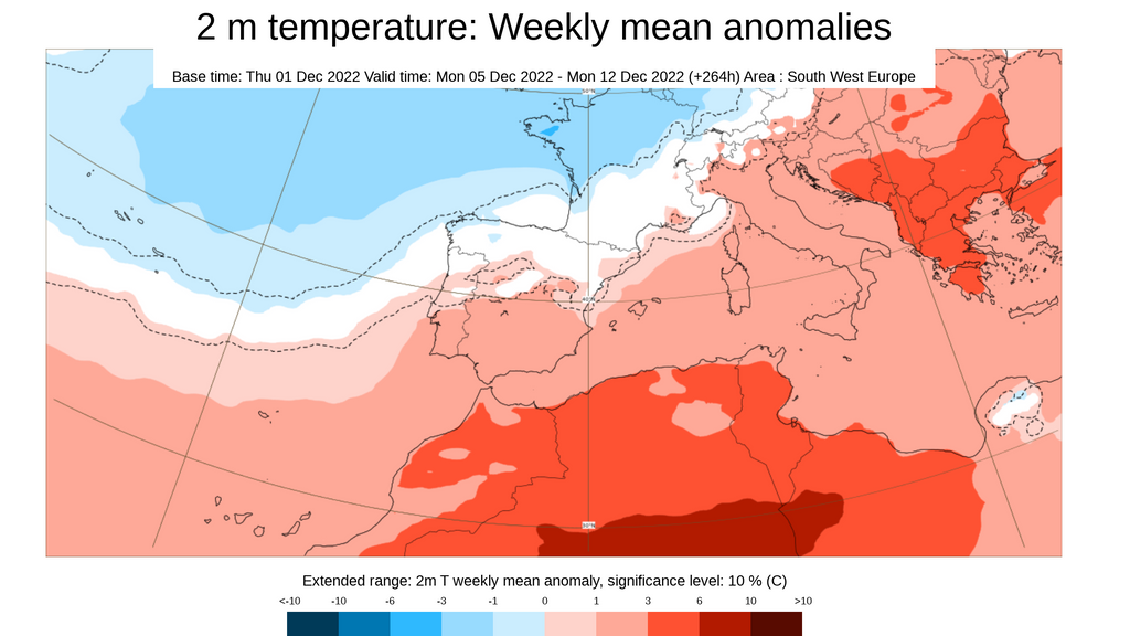 Anomalía de la temperatura prevista para la semana del 5 al 11 de dic