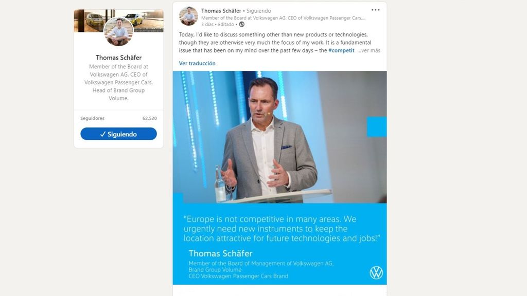 Comunicado de Thomas Schäfer, presidente de Volkswagen, en Linkedin