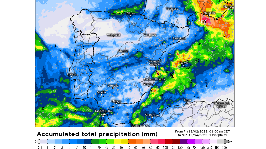 Precipitación prevista durante el fin de semana 2-4 dic