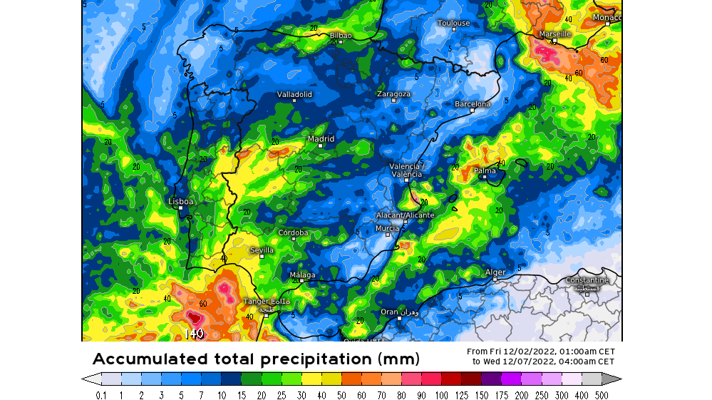 Precipitación prevista desde el viernes 2 hasta el martes 6 dic