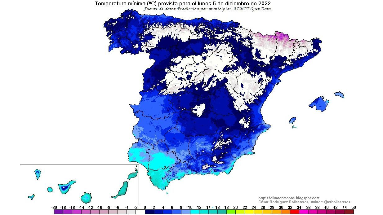 Temperaturas mínimas previstas para el lunes