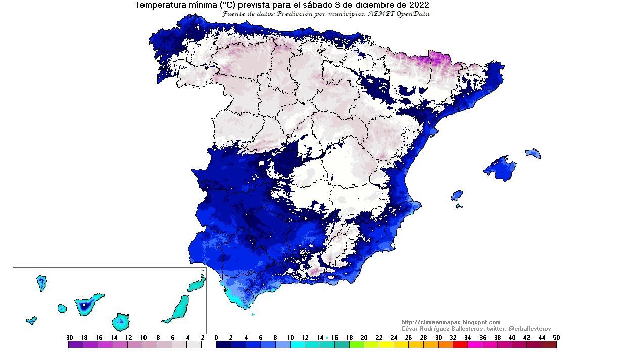 Temperaturas mínimas previstas para el sábado 3 dic