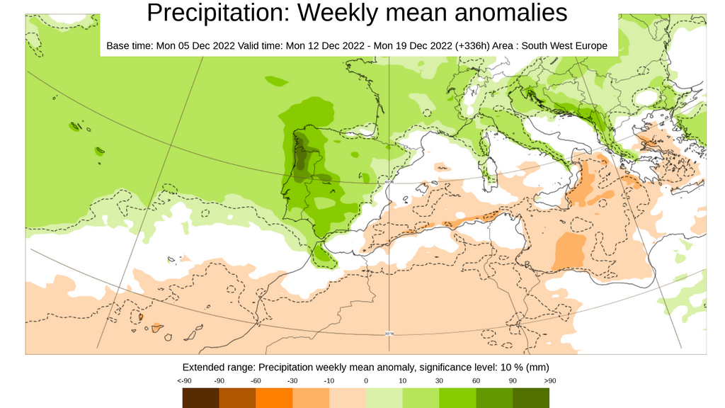 Anomalía de la precipitación prevista para la semana del 12 al 18 de diciembre