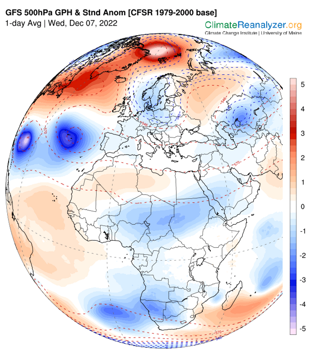 Anomalía de la temperatura y geopotencial a 500 hPa