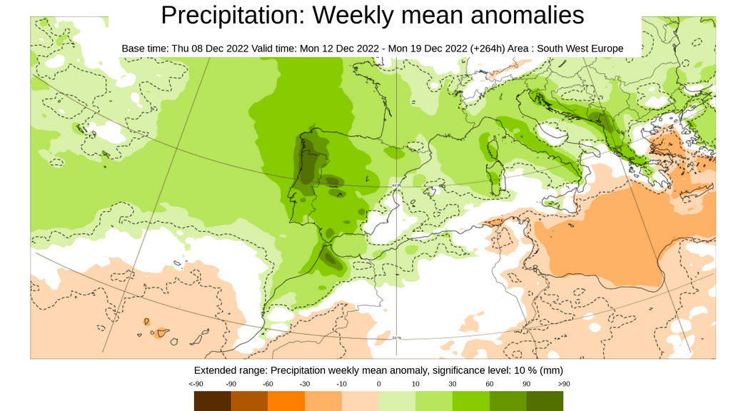 Anomalía de la precipitación prevista para la semana que viene